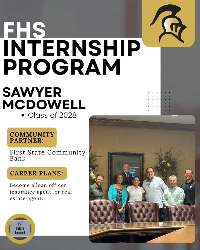 Internship recognition of Sawyer McDowell working at First State Community Bank