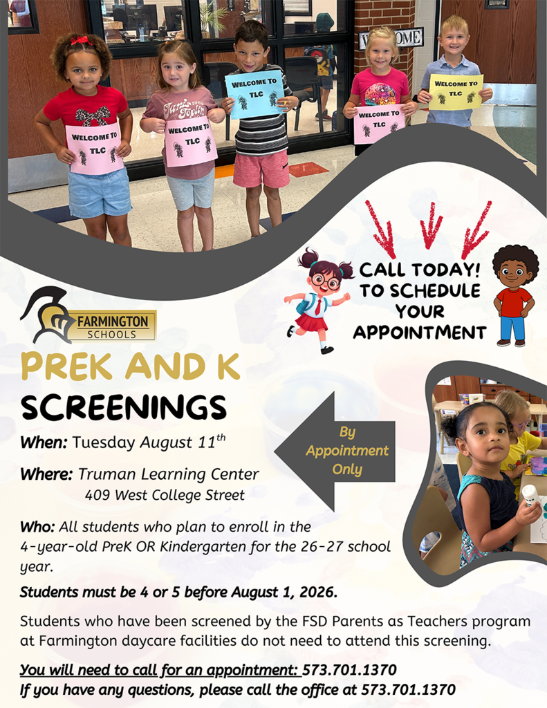 Children hold signs; one girl in a red shirt stands out. Text reads: "Call Today to Schedule Your Appointment" and "Prek and K Screenings".