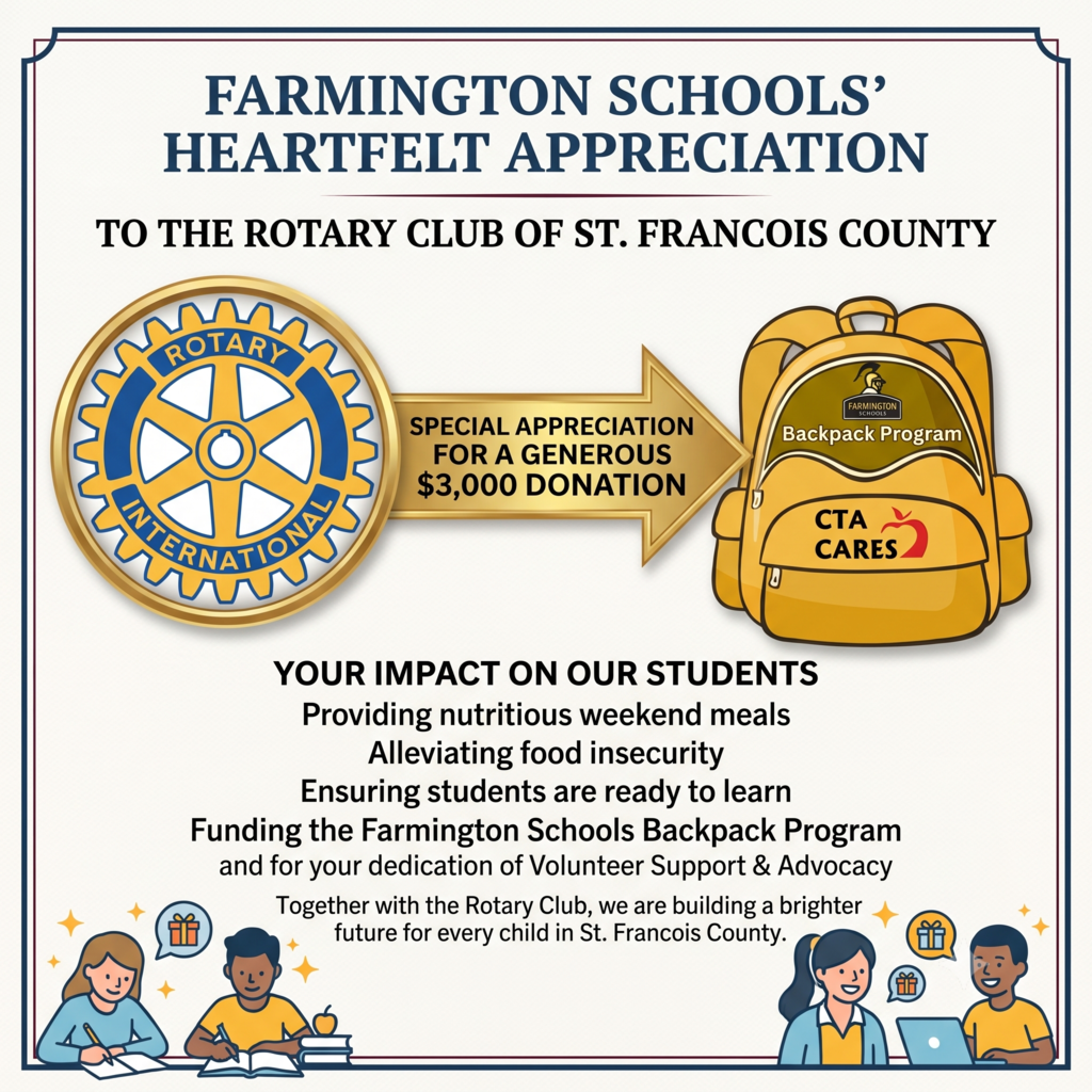 A poster with a logo, a backpack, and a group of children. The text reads "Heartfelt Appreciation" and mentions a $3,000 donation.