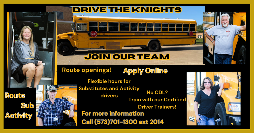 An ad for school bus drivers shows a yellow bus and three people. One sits on the bus, one stands by it, and the third is in the foreground.