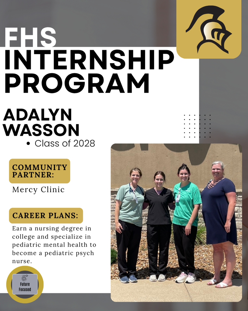 Flyer shows three women standing outdoors. The text reads, "FHS Internship Program Adalyn Wasson, Class of 2028."