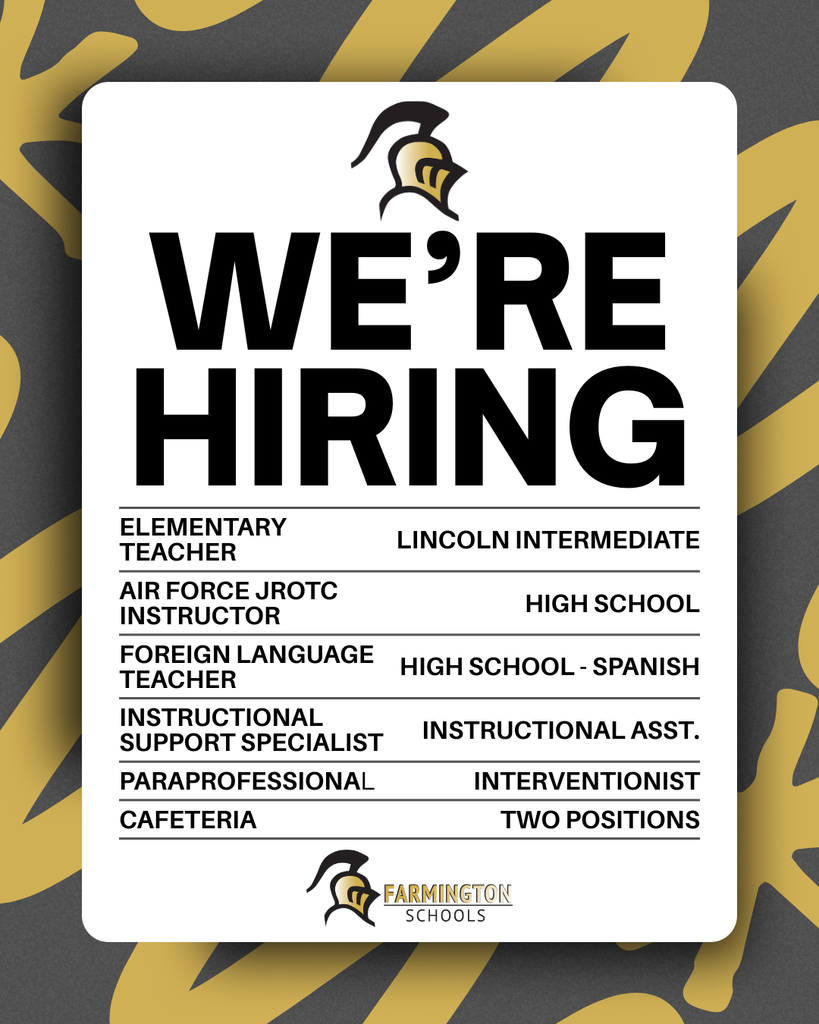 A white sign with black text against a yellow and gray background. It reads "We're Hiring" with job titles like "Elementary Teacher" and "Instructional Support Specialist".