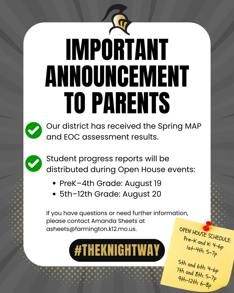 A gray background displays a white sign with a dark blue border, reading "Important Announcement to Parents." Two green checkmarks highlight announcements about Spring MAP and EOC results and student progress reports.