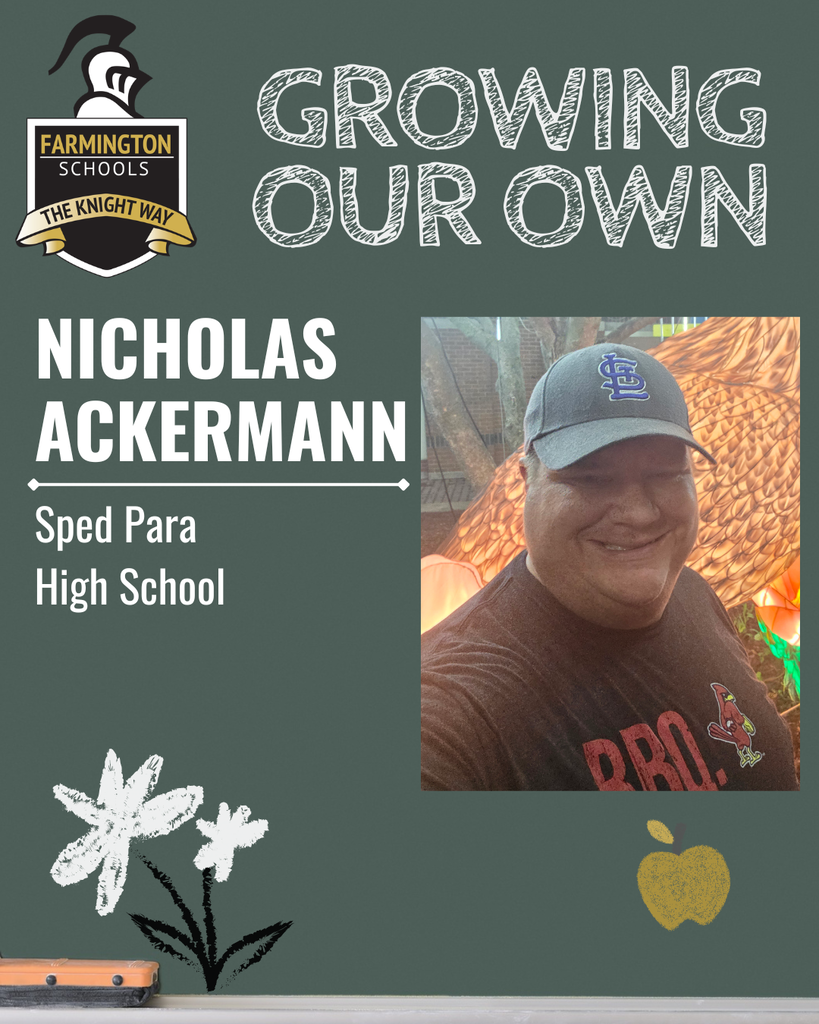 A graphic shows Nicholas Ackerman smiling, with text: "Growing Our Own." The background is a dark green chalkboard with white flowers and an apple.