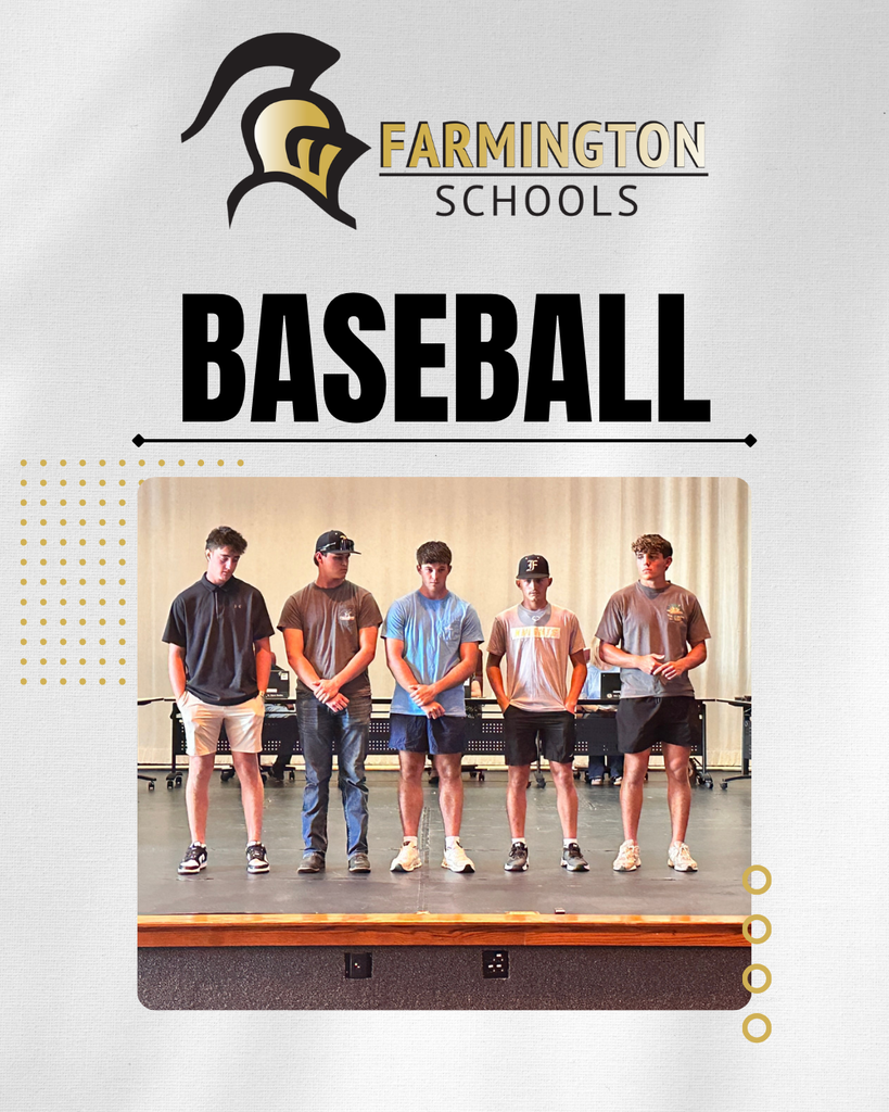 Farmington Schools logo at top. Five men stand on a stage, with a white curtain background. Each wears shorts and sneakers.