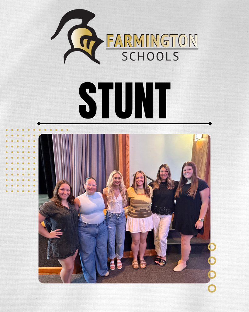 Five women stand together, possibly in a school setting. They wear casual attire and appear to be smiling. The background includes a curtain and a logo reading "FARMINGTON SCHOOLS STUNT".