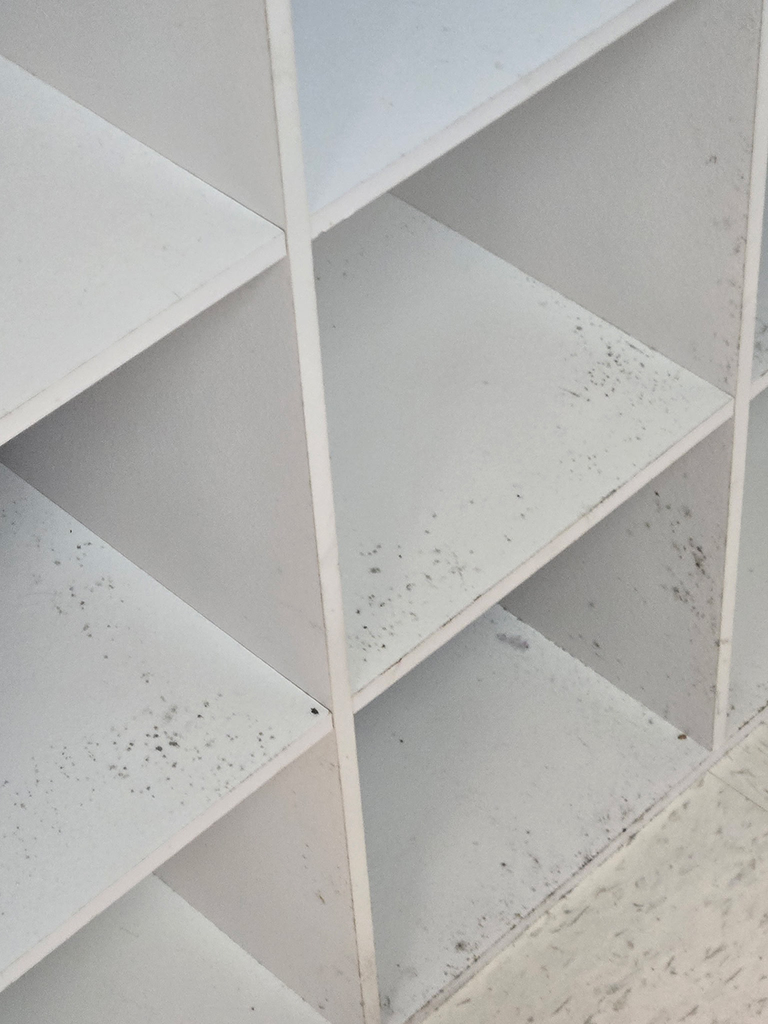 A white shelving unit with several empty shelves and a few dust spots. The shelves are in a vertical arrangement.