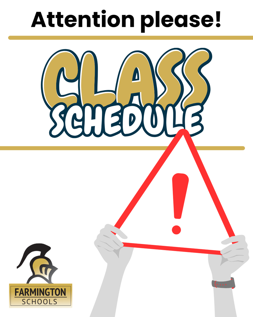 White background with a bold "Attention please!" text. Below it, "CLASS SCHEDULE" in yellow. A red triangle points downward with a red exclamation mark.