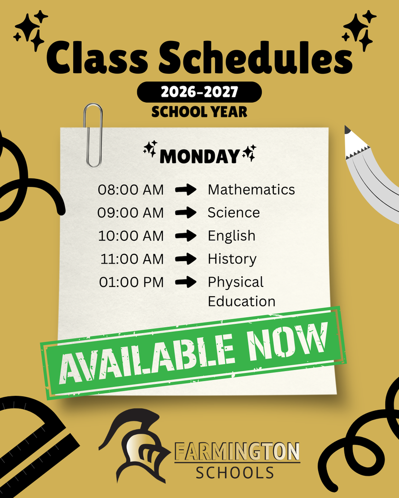 A yellow background displays a paper pinned with class schedules for the 2026-2027 school year. The schedule lists classes from Monday to Friday.