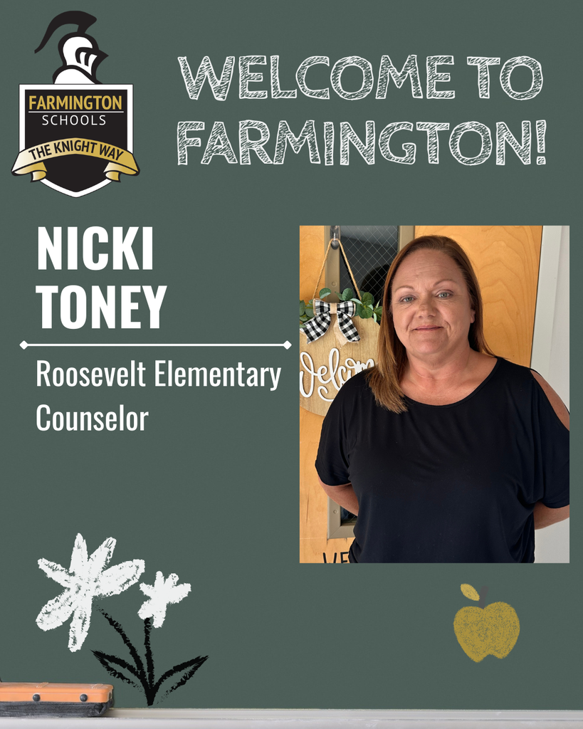 Person in black top standing in front of green background with white flowers. Text reads: Welcome to Farmington! Nicki Toney, Roosevelt Elementary Counselor.