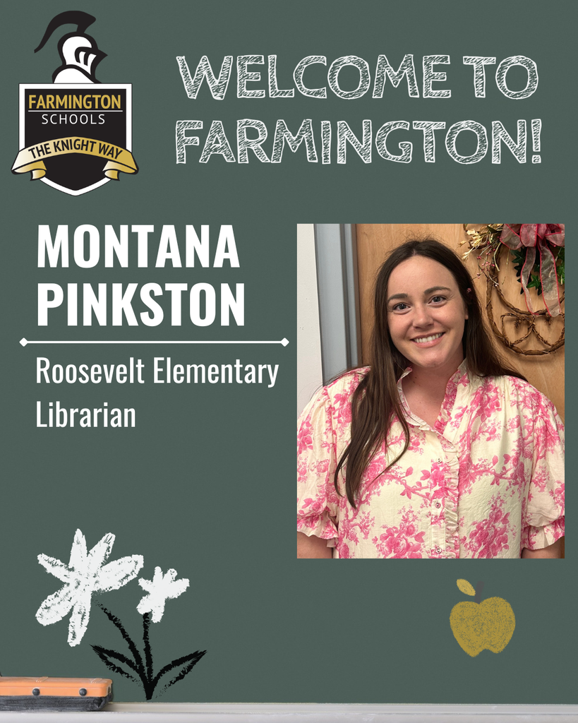 Welcome to Farmington Schools. Montana Pinkston, a smiling woman in a pink floral shirt, is a Roosevelt Elementary Librarian.