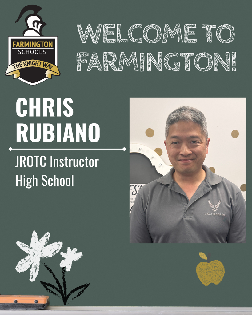 Green board with Farmington Schools logo, "Welcome to Farmington!" text, and a smiling man in a gray polo.