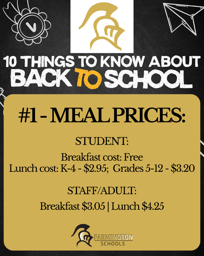 Black background with white text. A graphic of a shield with gold outline and "FARMINGTON SCHOOLS" text. Meal prices listed.