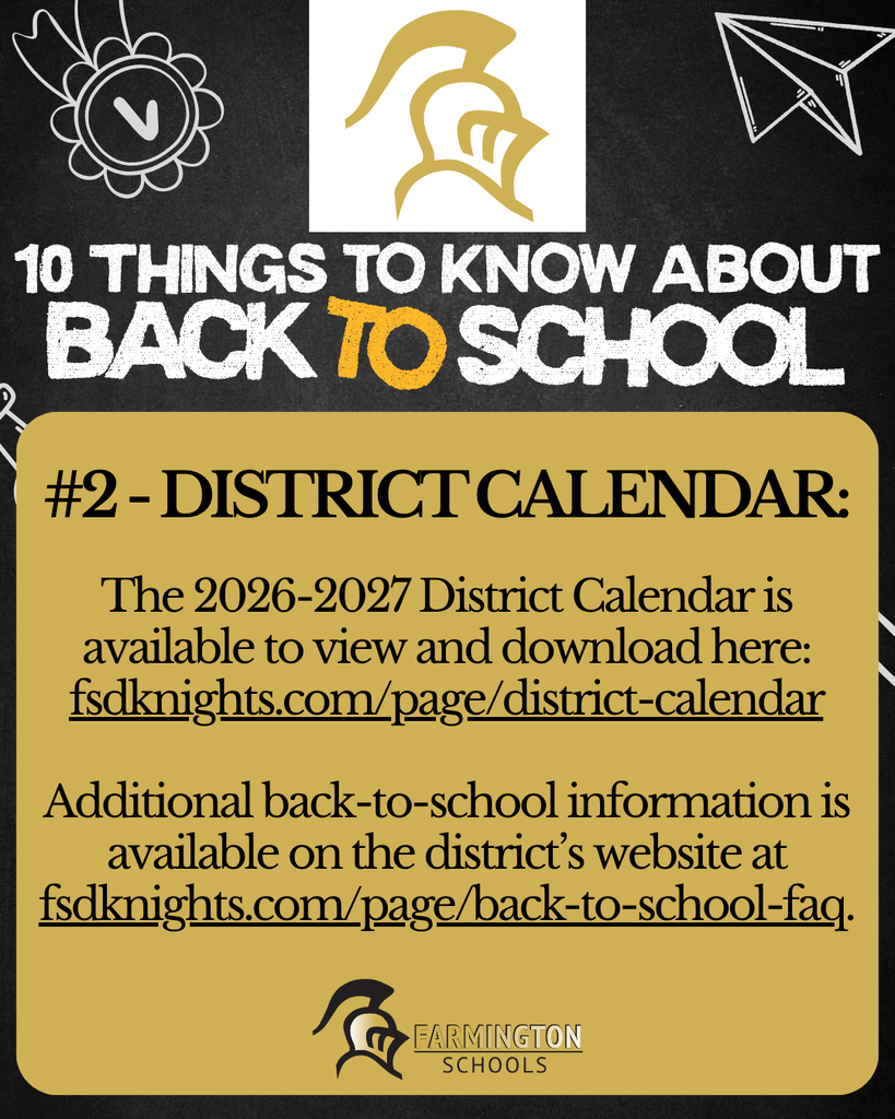 Advertisement for "10 Things to Know About Back to School" with "District Calendar" as point #2.