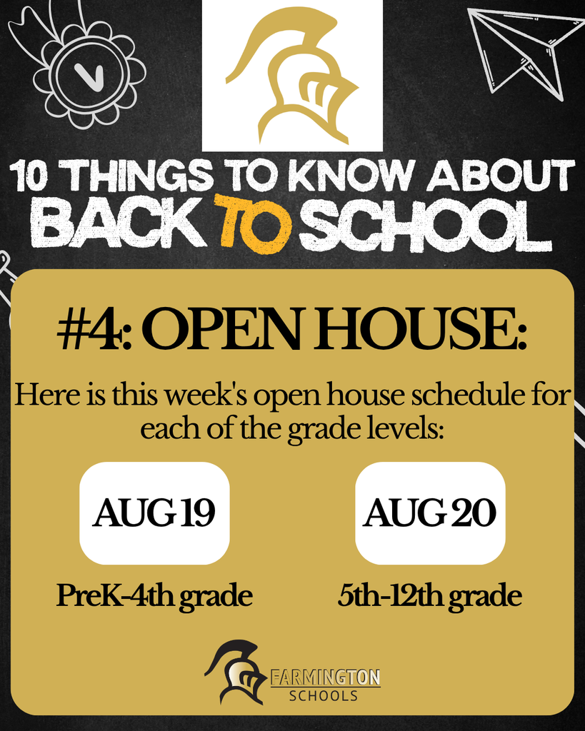 Black and gold school information flyer. Text reads "10 things to know about back to school." #4: Open House.
