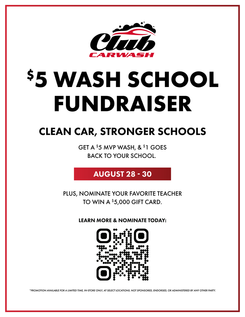 White page with a red border. "5-dollar Wash School Fundraiser" at the top. QR code below text.