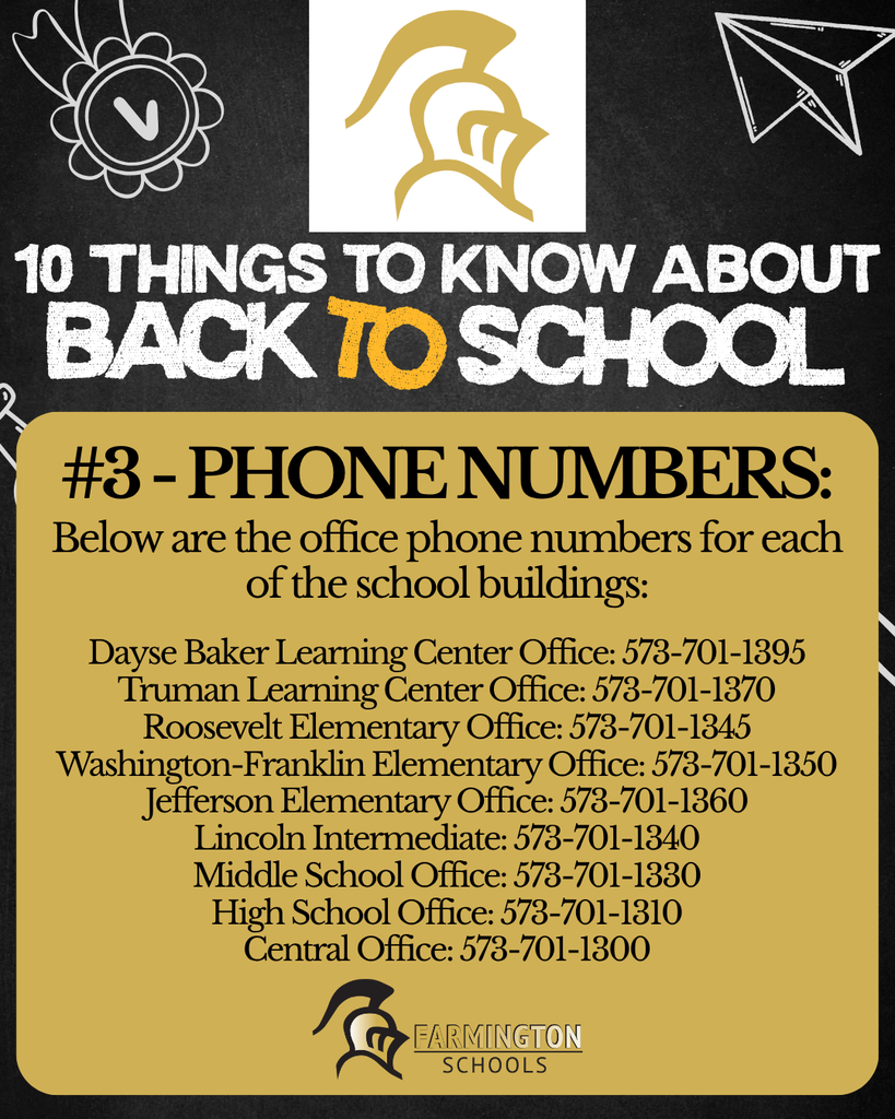 Graphic with a list titled "10 Things to Know About Back to School #3 - Phone Numbers." Includes contact numbers for each school.