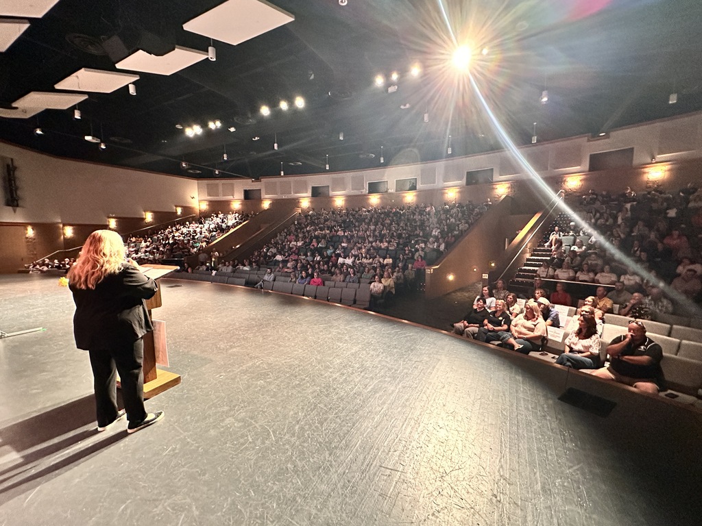 Person standing at a podium facing a large crowd seated in rows of a theater.