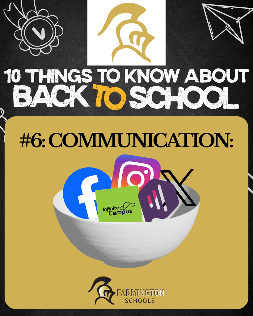 A yellow background displays a bowl with various app logos. The bowl is labeled "#6: COMMUNICATION". Text reads "10 THINGS TO KNOW ABOUT BACK TO SCHOOL".