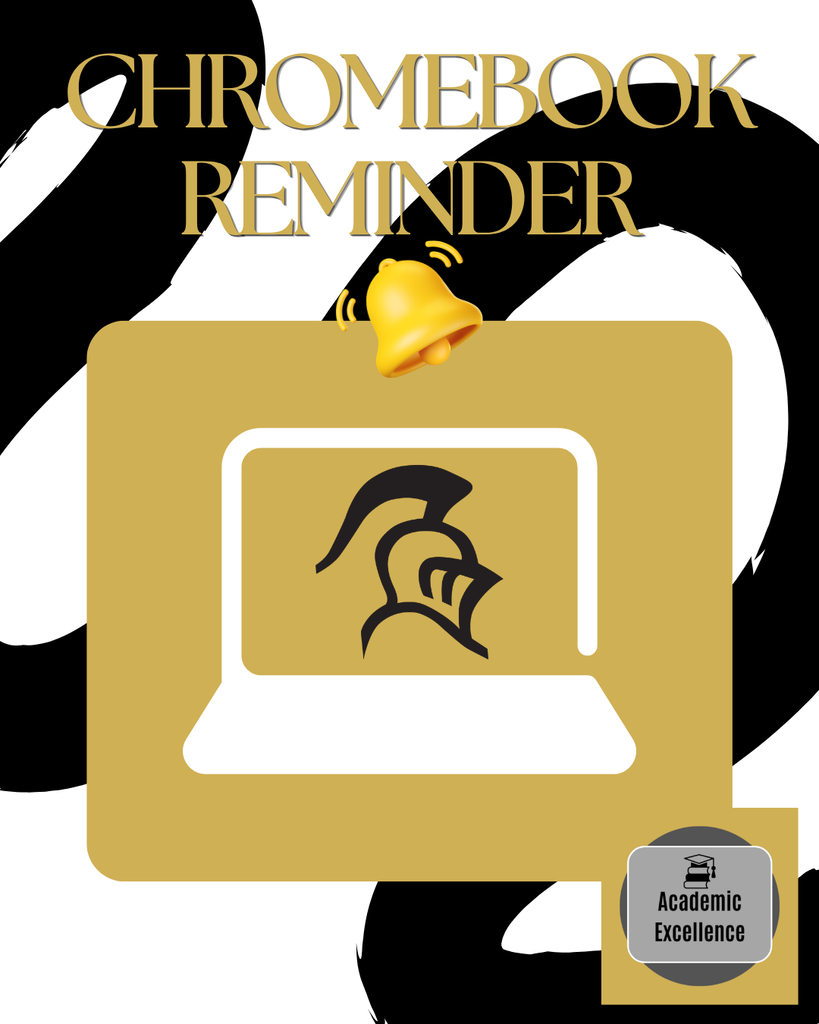 Logo with a laptop, helmet, and bell icon. The text reads "Chromebook Reminder" with "Academic Excellence" in a small circle.
