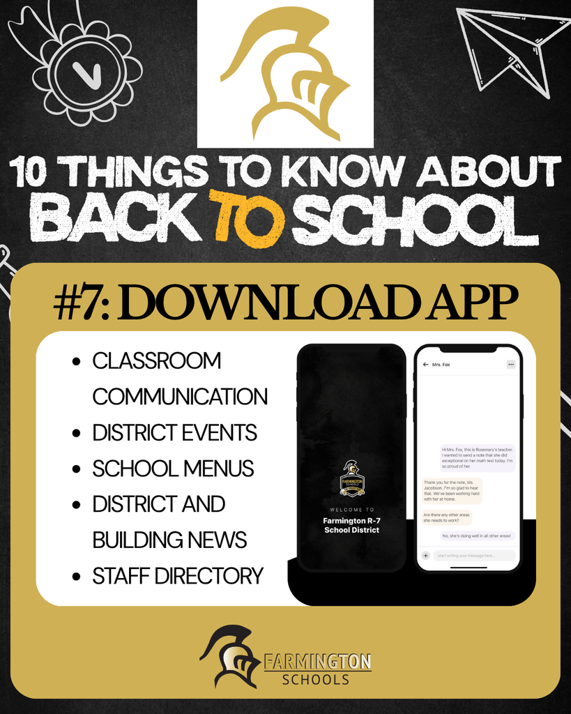 An infographic displays a logo and a phone with the text "#7: Download app" and "Classroom communication, District events, School menus, etc."