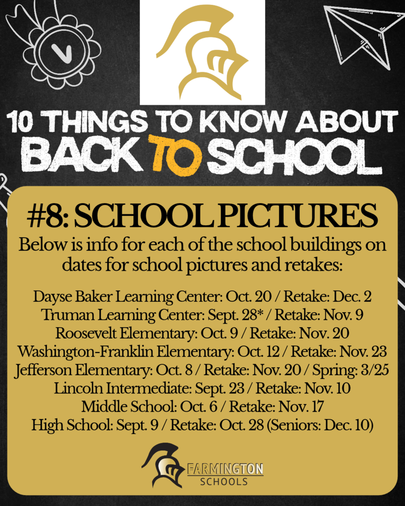 Poster with a black background showing text "10 Things to Know About Back to School" and a golden logo.