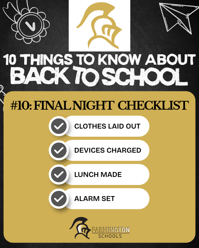 A chalkboard background displays a list titled "10 Things to Know About Back to School." Items include "Clothes Laid Out," "Devices Charged," "Lunch Made," and "Alarm Set."