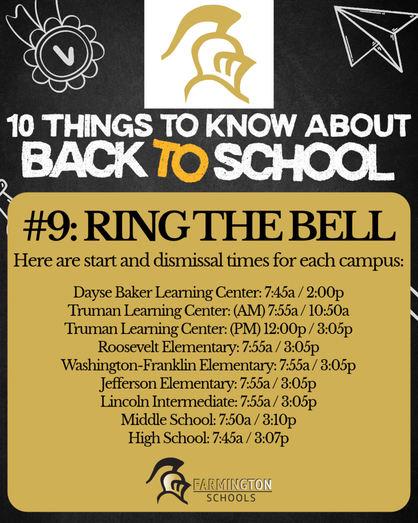 An advertisement for back-to-school information includes a list of school start and dismissal times for each campus.