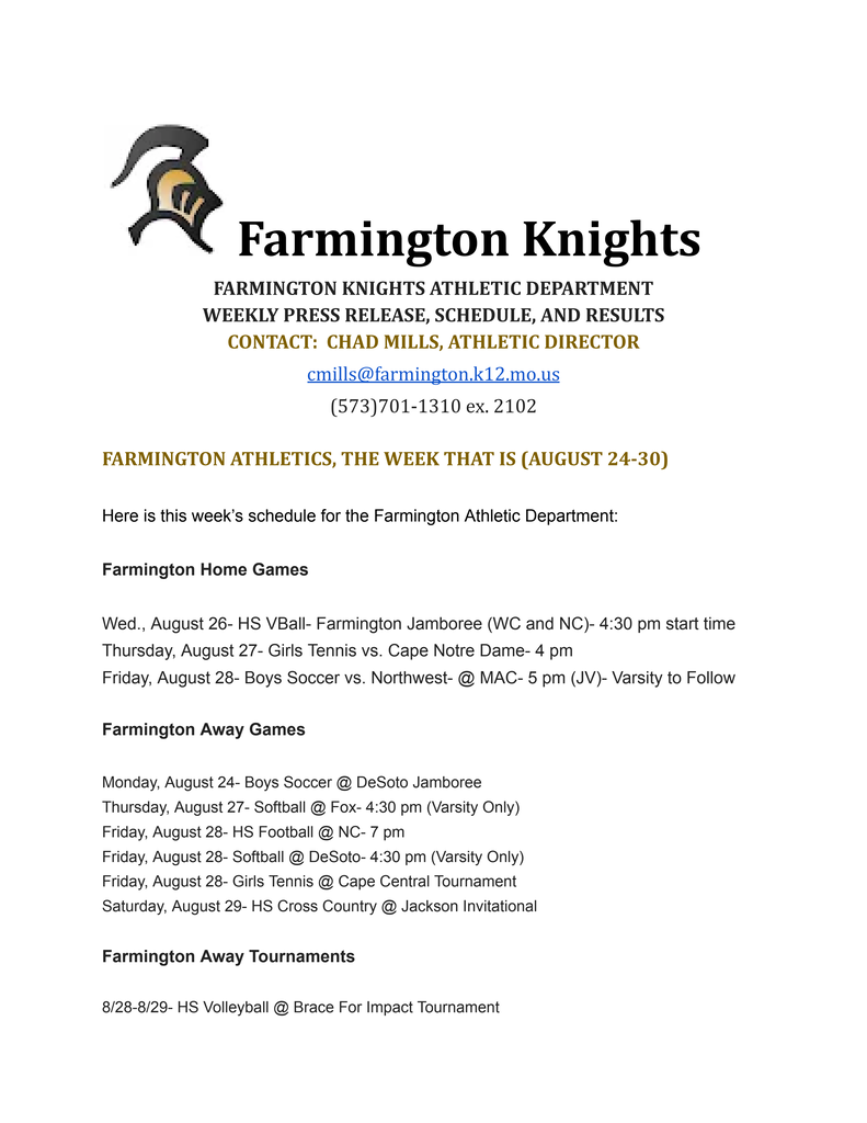 Document titled "Farmington Knights" with a logo. It lists weekly press release, schedule, and results for Farmington Athletics. Dated August 24-30, it includes home and away games.