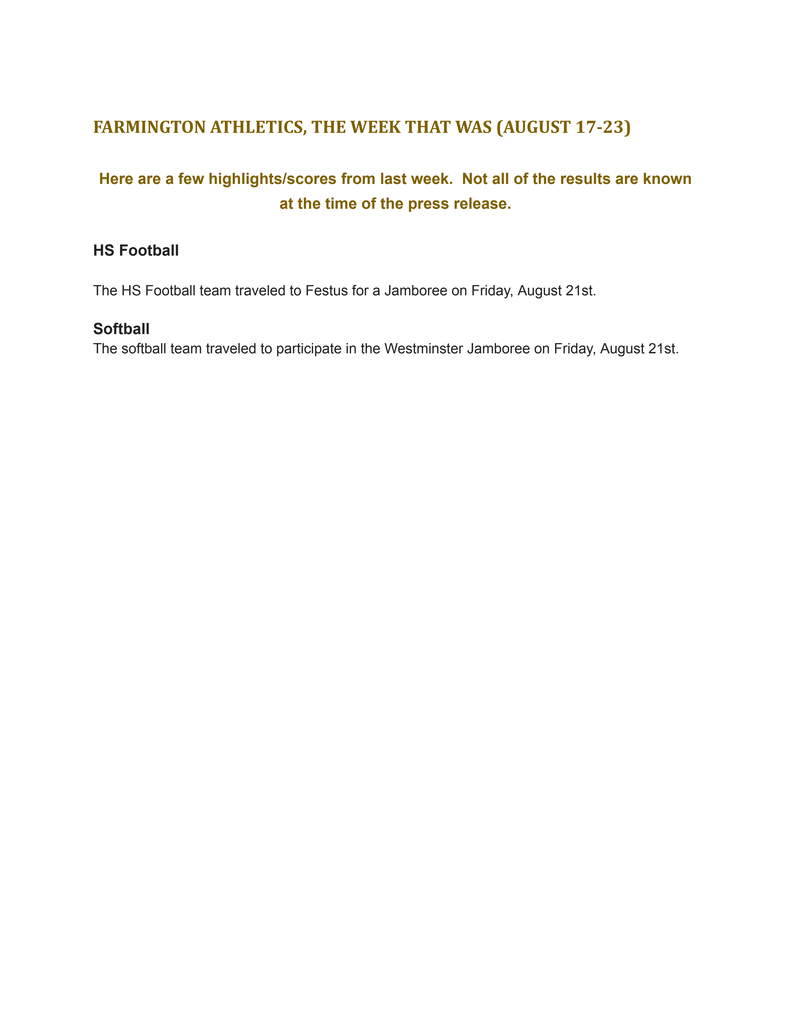 A white document with black text on the top left reads "FARMINGTON ATHLETICS, THE WEEK THAT WAS (AUGUST 17-23)" and below it are two sports teams' activities.