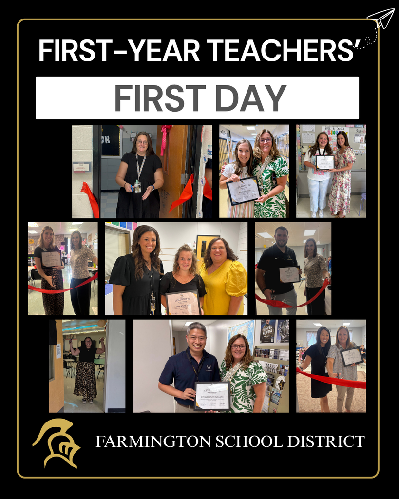 Collage of first-year teachers in various classroom settings, holding certificates. Displayed in black borders with gold trim.