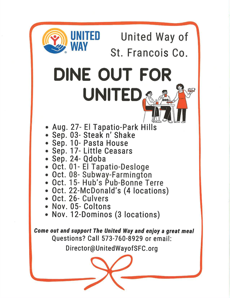 A flyer lists Dine Out for United events at various restaurants. Dates, restaurant names, and contact info are included.