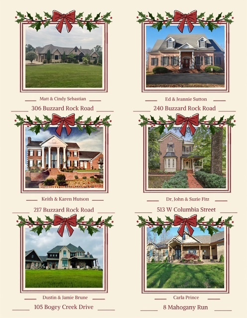 Five homes with holiday bows are displayed. Each is labeled with its street address. The first has a red bow, followed by white, blue, green, and purple.