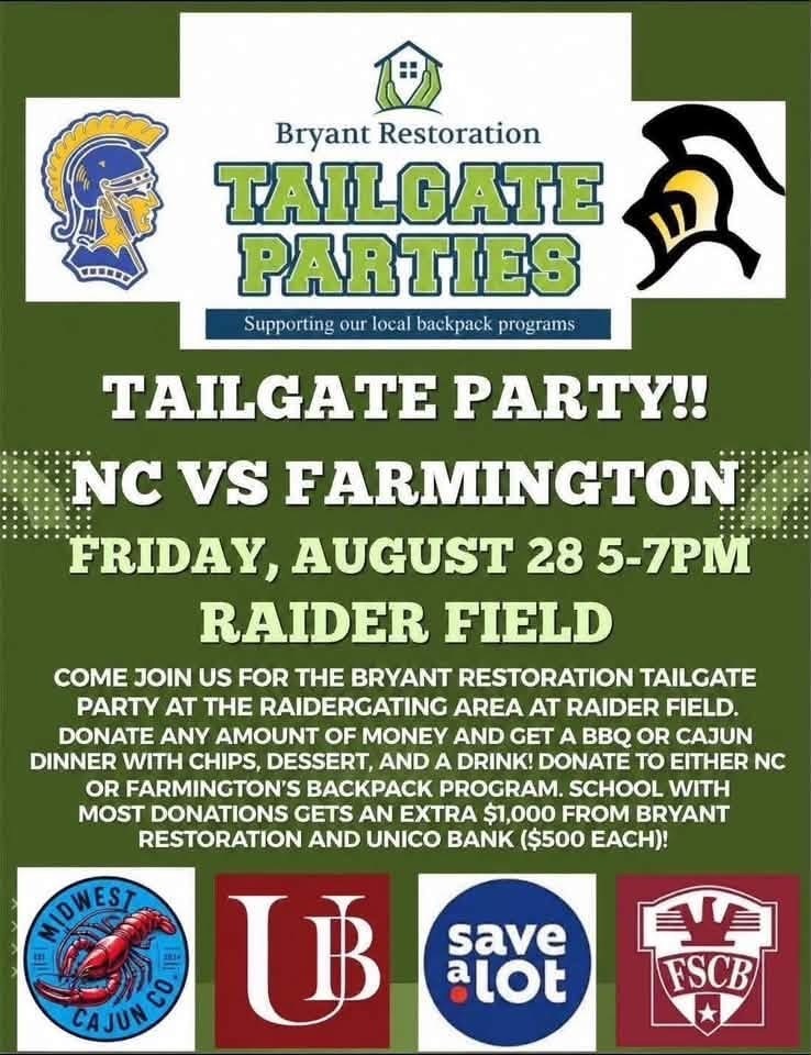 An event flyer with a green background and white text. It reads "Bryant Restoration Tailgate Parties".