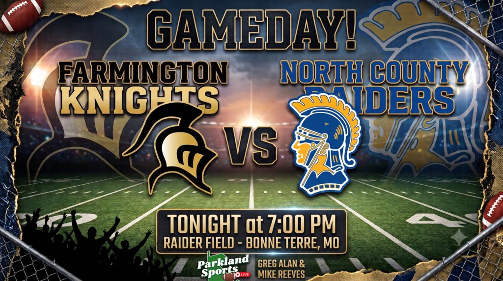 Gameday banner featuring the Farmington Knights vs North County Raiders. Logos of both teams, with helmets and team names. Field, ball, and fence in background.