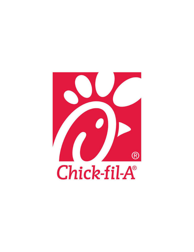 Chick-fil-A logo on white background with a red rooster head and a white wing in the center.