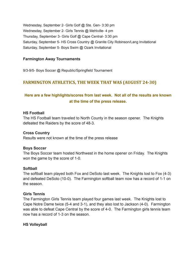 Document with text reading "FARMINGTON ATHLETICS THE WEEK THAT WAS (AUGUST 24-30)" followed by details of soccer, football, cross country, and volleyball.