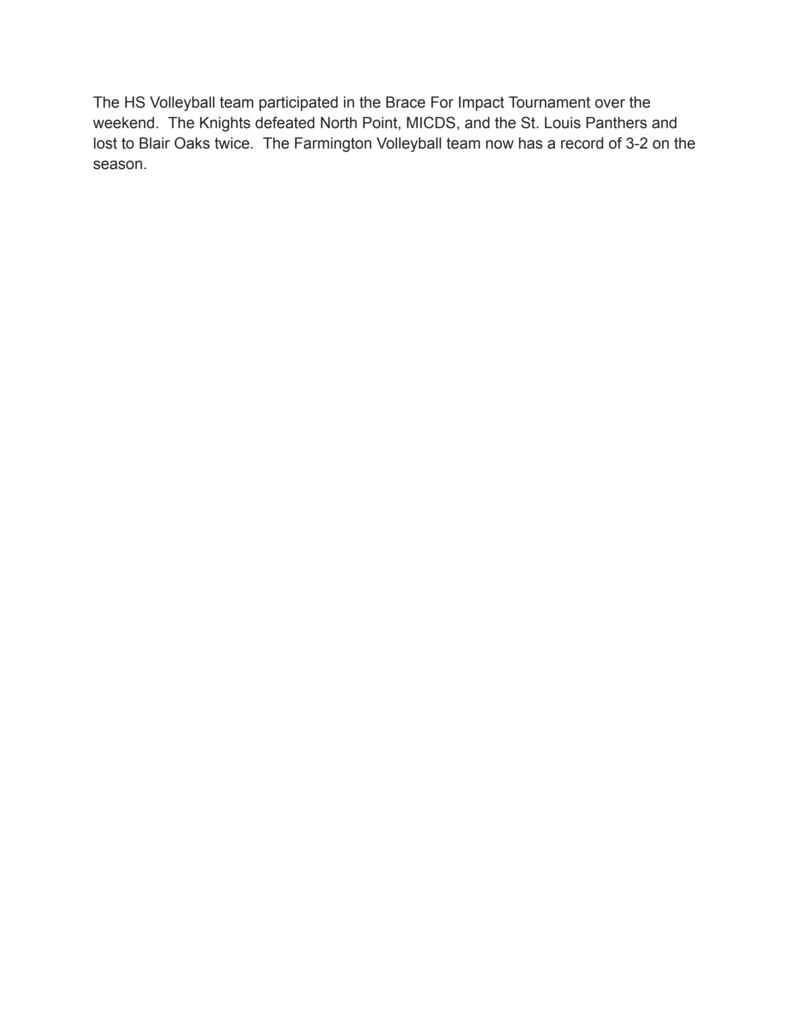 A document displays text detailing the HS volleyball team's participation in the Brace For Impact Tournament.