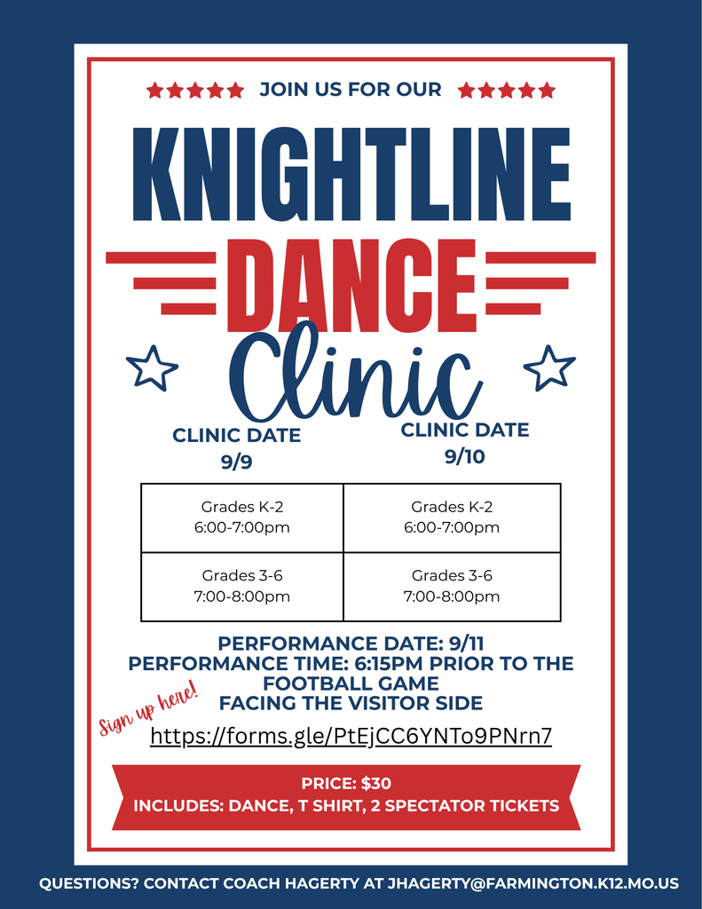 Poster in red, white, and blue with text "Knightline Dance Clinic" and star icons. Three clinic dates listed for various age groups. Sign-up link and price.