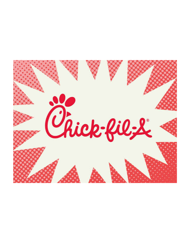 White background with red and white polka dots. "Chick-fil-A" written in red. A red chicken footprint beside the text.
