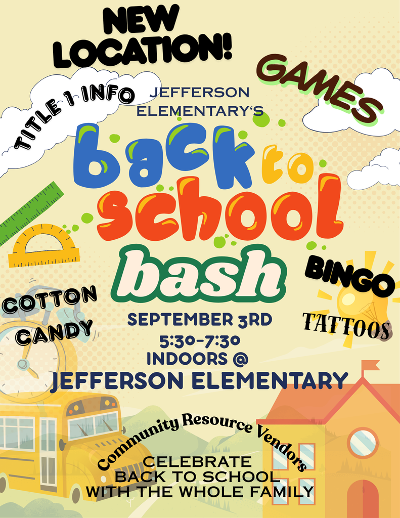 Bright poster for a back-to-school bash with a bus, house, and house. It reads "New Location!" and "Celebrate Back to School with the Whole Family."