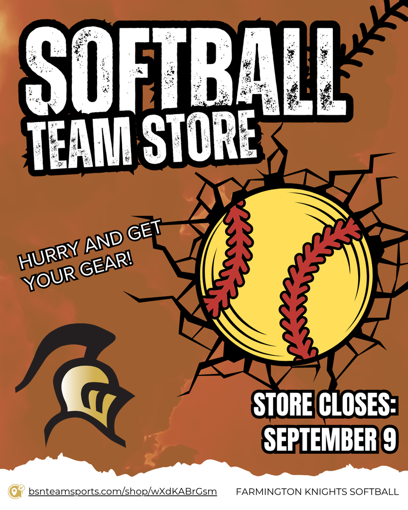 A poster advertising a softball team store. A ball breaks through a cracked background, with a helmet icon and a closing date of September 9.