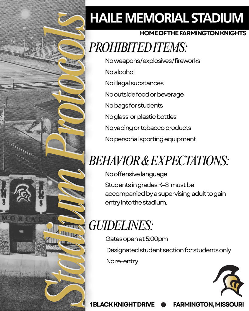 A black-and-white sign displays protocols for Hail Memorial Stadium, including prohibited items and student entry guidelines.