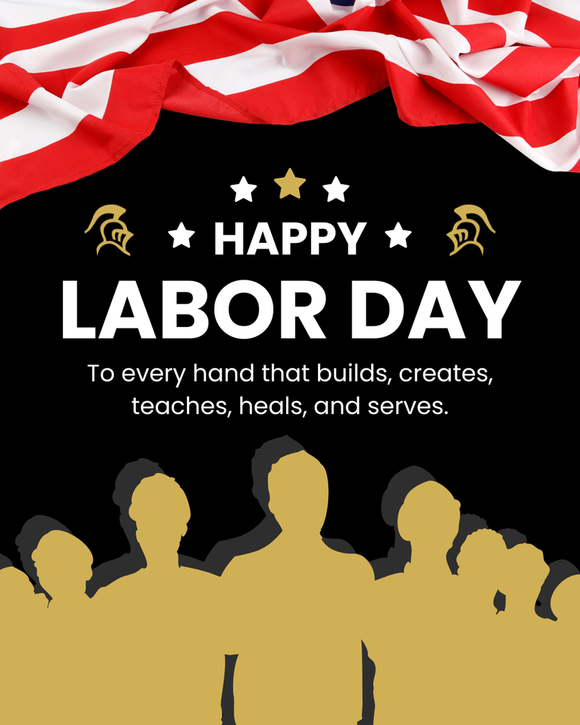 Black background with an American flag. Below the flag, a silhouette of people. Text reads "Happy Labor Day".