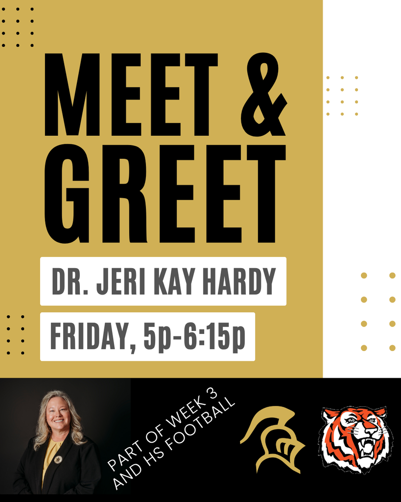 Text reads "Meet & Greet Dr. Jeri Kay Hardy Friday, 5p-6:15p". A woman in a black coat is pictured.