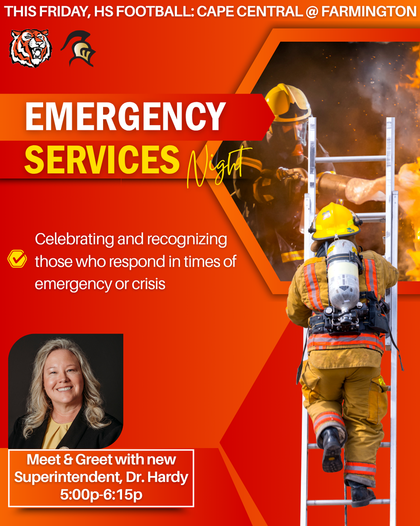 Advertisement for an emergency services event with a firefighter climbing a ladder, a woman, and a new superintendent.