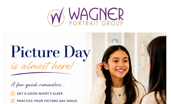 An advertisement shows two girls, one smiling and another looking on. Text reads, "Picture Day is almost here! A few quick reminders..."