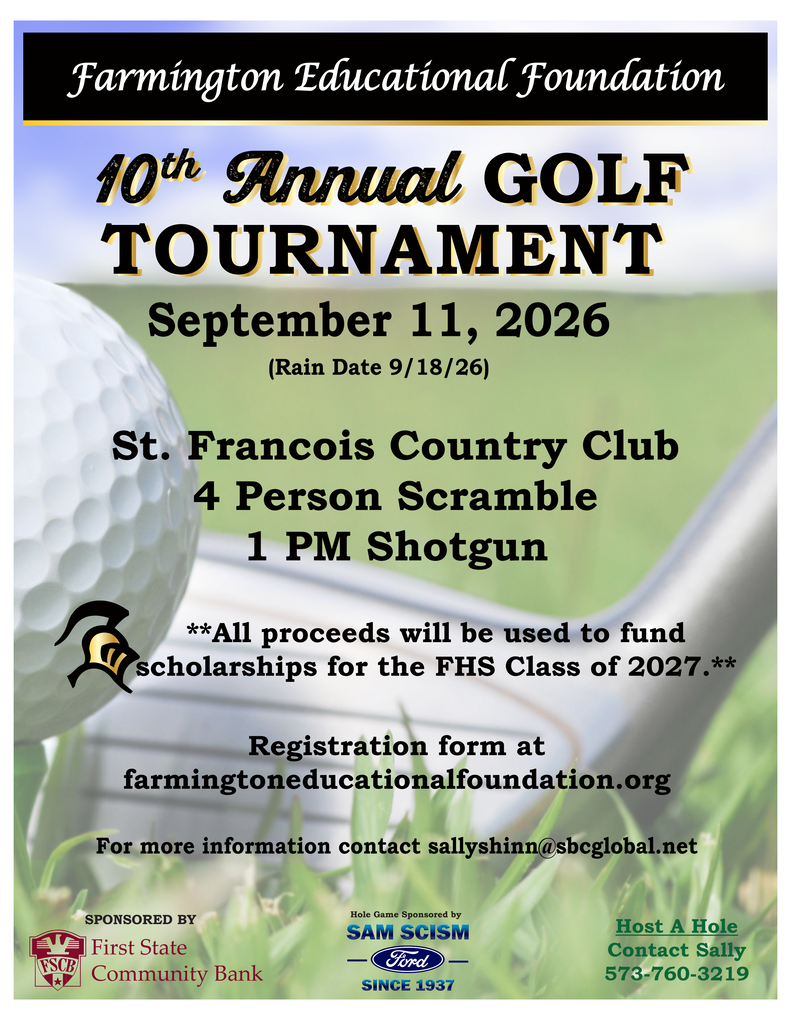 Golf tournament flyer with a ball on grass. "10th Annual Golf Tournament" on September 11, 2026. Contact details at bottom.