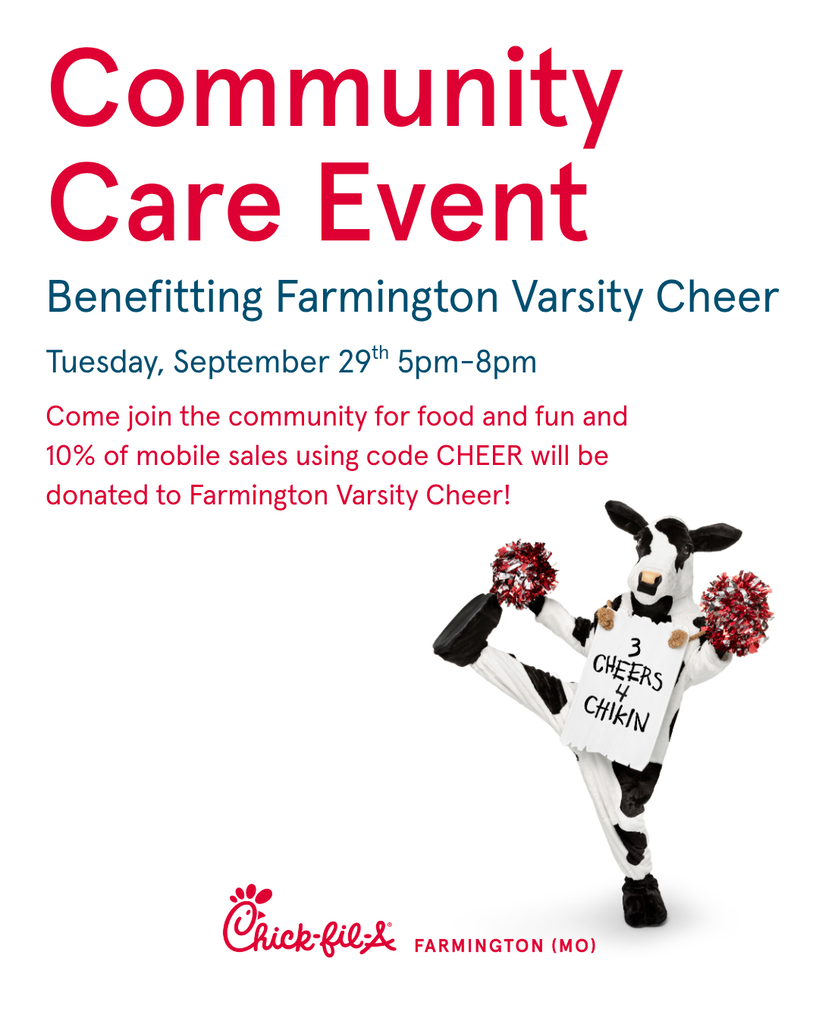 Advertisement poster for a community care event benefiting Farmington Varsity Cheer. Features a cow mascot with a sign.