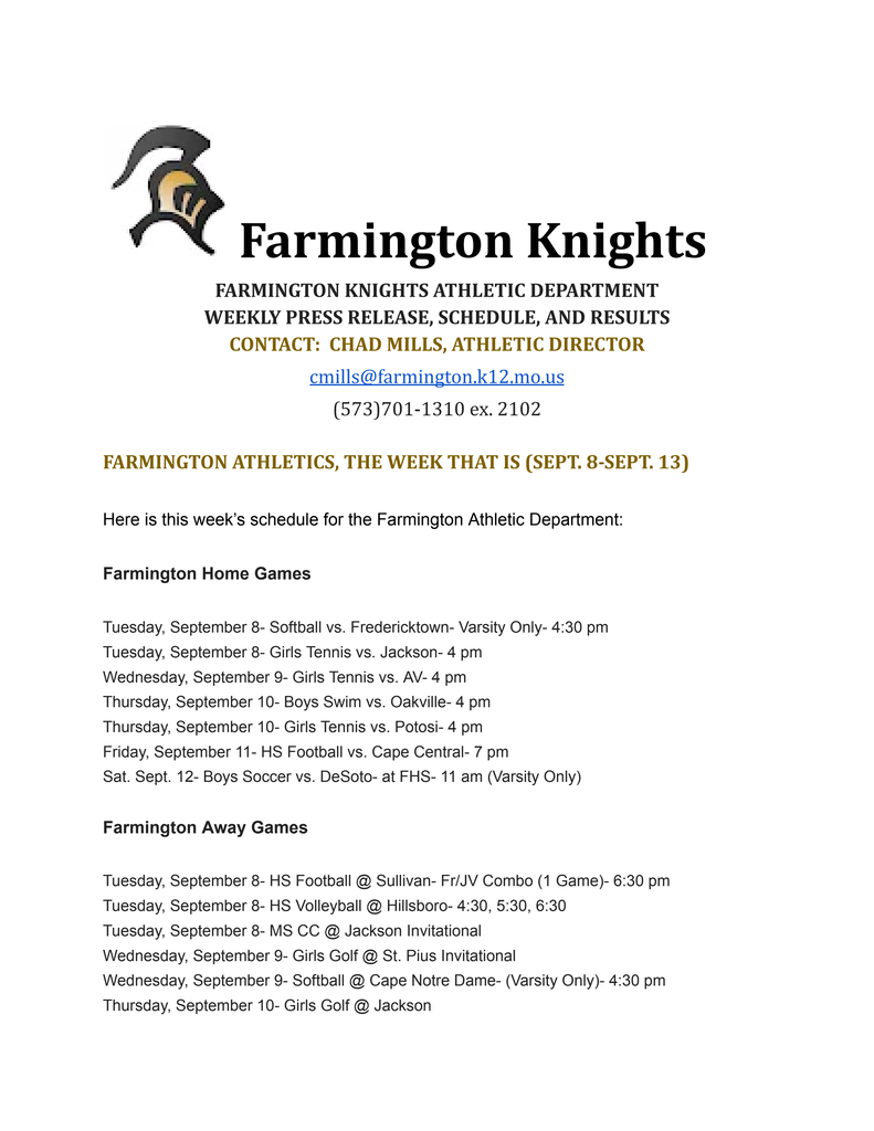 Schedule with black text on white background. It reads "Farmington Knights" at the top with a helmet logo. It has sections for home games and away games.